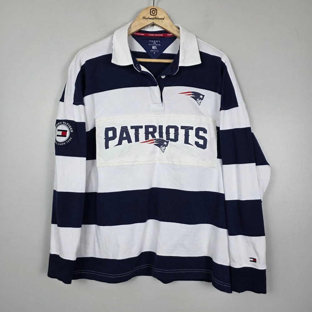 Tommy Hilfiger NFL New England Patriots Rugby Shirt Navy White Striped Mens M